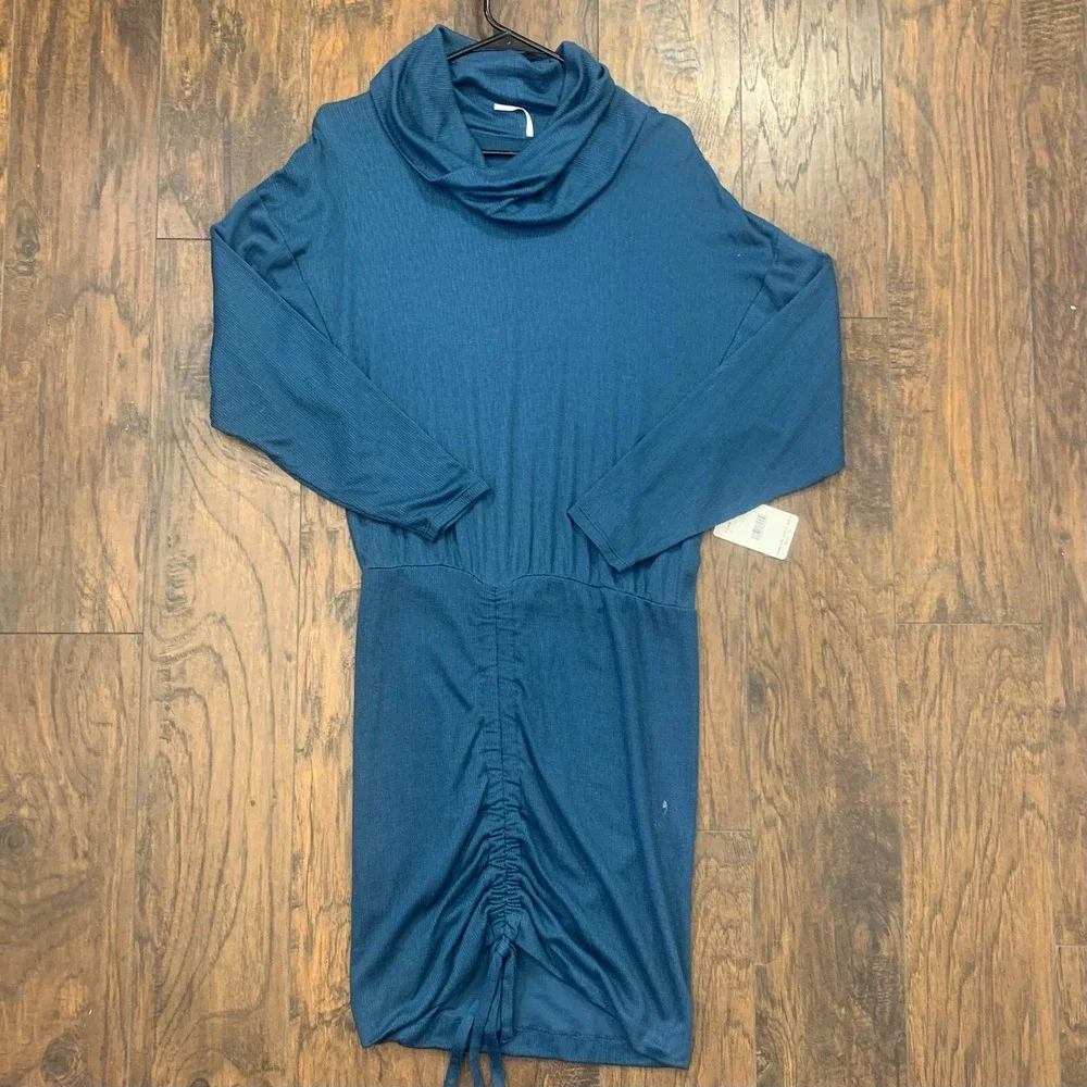 New Free People Sundown Dress Small Teal‎ Mini Cowl Neck Gathered Skirt
